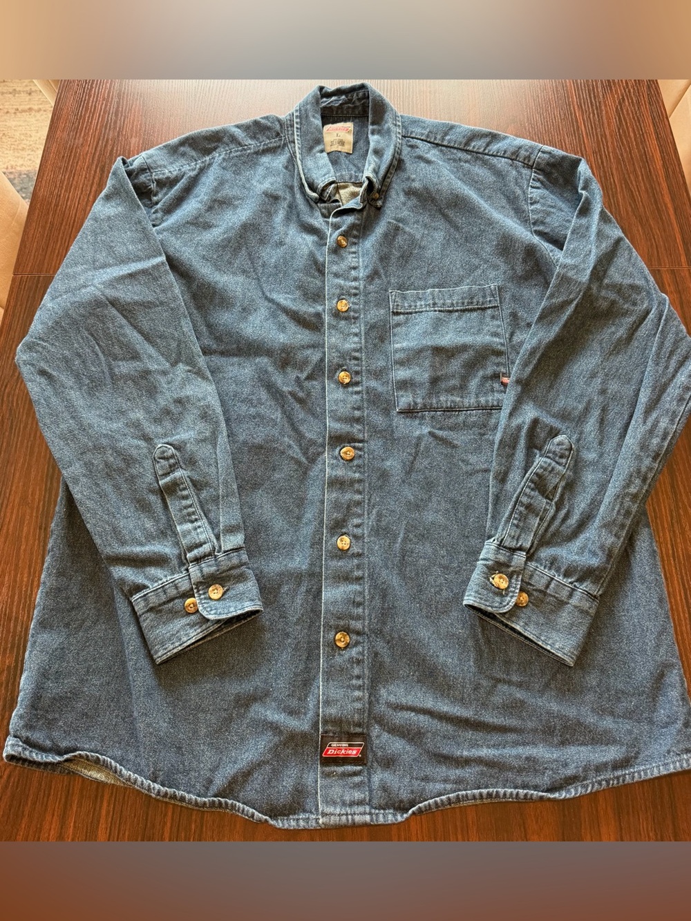 Genuine Dickies Mens Blue Denim Heavyweight Long Sleeve Button Up Work Shirt L